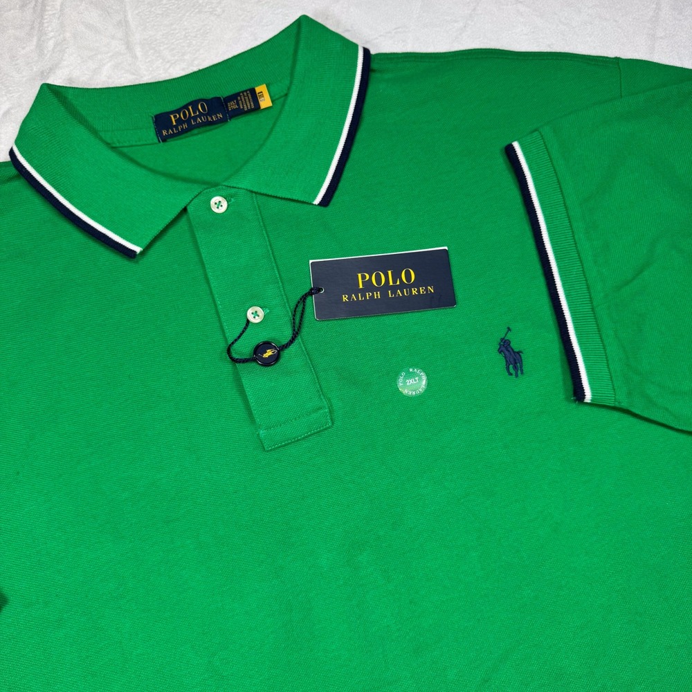 NWT POLO‎ RALPH LAUREN Mens 2XLT Green Short Sleeve Polo Shirt Navy White Piping